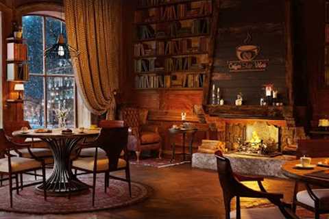Winter Coffee Shop Bookstore Ambience with Relaxing Smooth Jazz Music and Crackling Fireplace