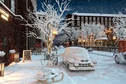Snowy Winter Day on Street at Coffee Shop Ambience with Relaxing Smooth Jazz Music and Snowfall