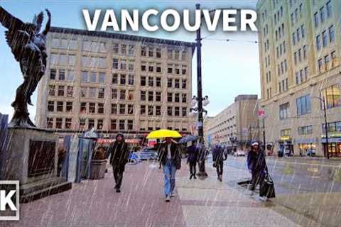 【4K】Downtown Vancouver Walk on A Cold Rainy Day, Travel Canada 2023, Binaural City Sounds